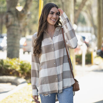 Women's Oversized Plaid Button Down Tunic Convertible Sleeve Blouse