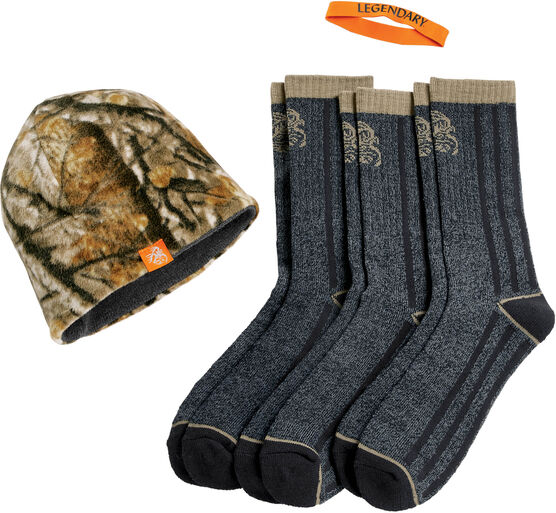 Men's Reversible Fleece Knit Cap 3-Pack Sock Bundle