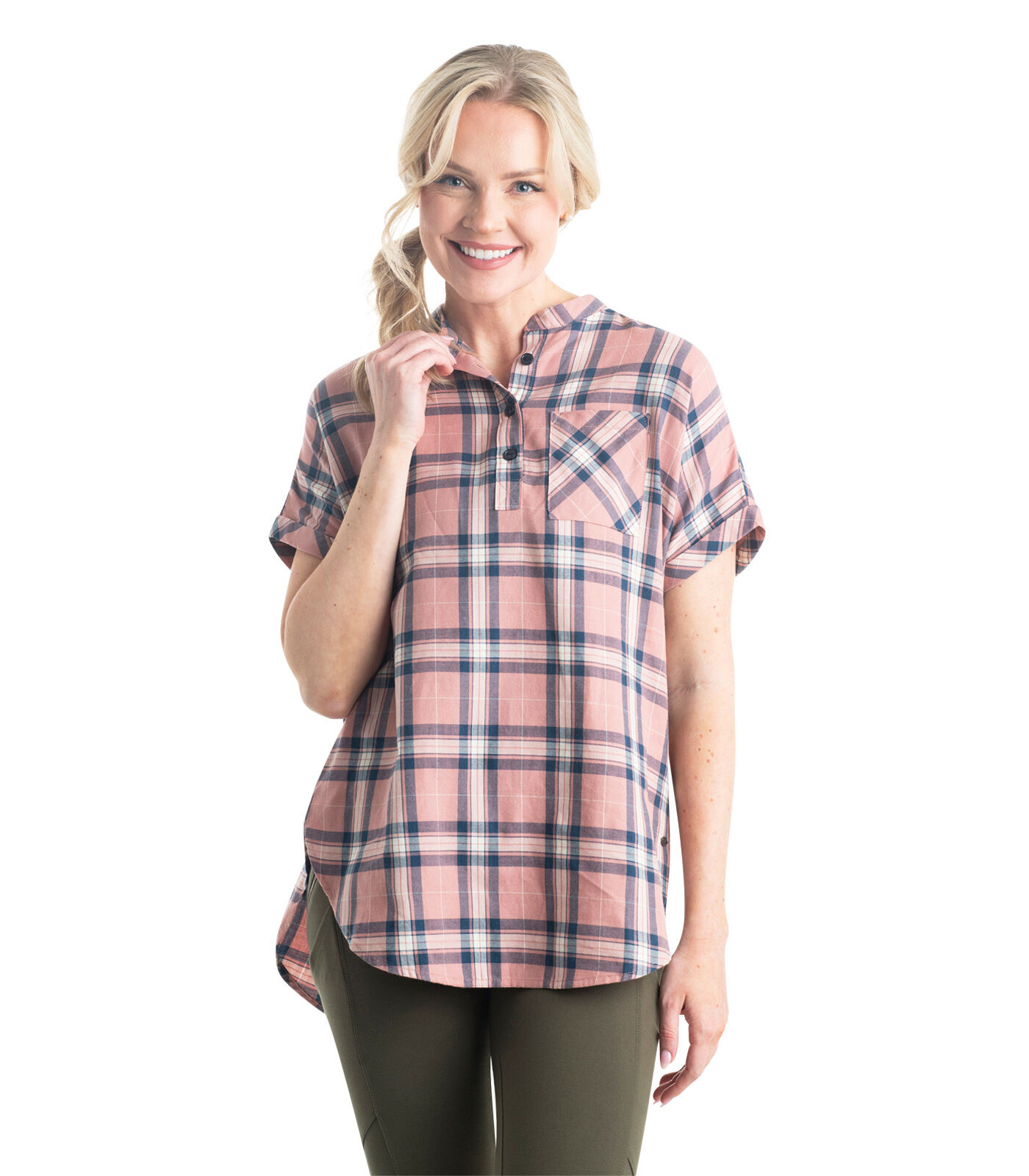 Women s Short Sleeve Popover Casual Plaid Shirt