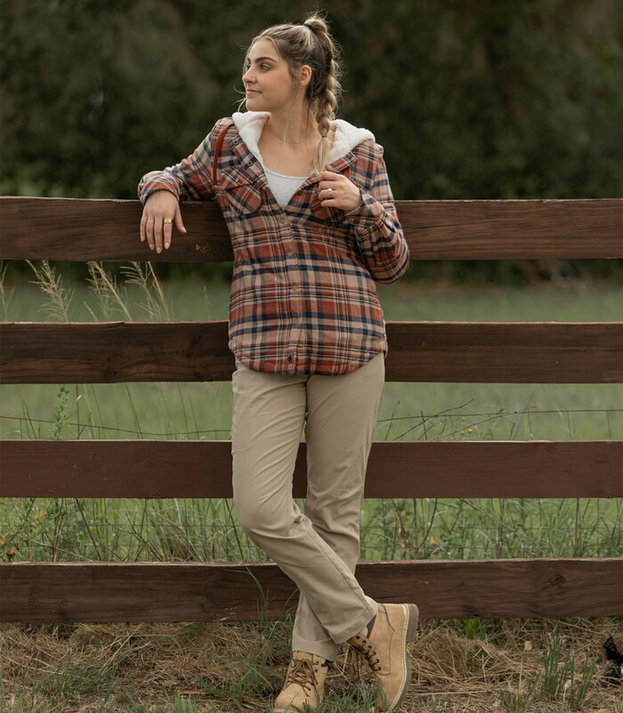 Women's Snap Front Open Country Sherpa Lined Hooded Shirt Jacket image number 2