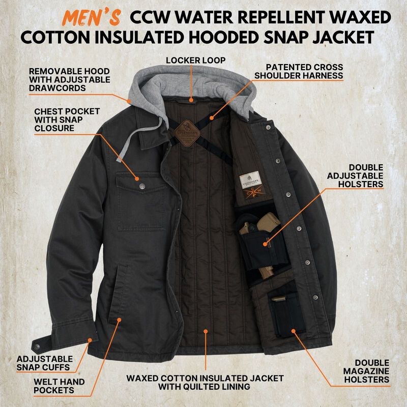Men's CCW Water Repellent Waxed Cotton Insulated Hooded Snap Jacket image number 2