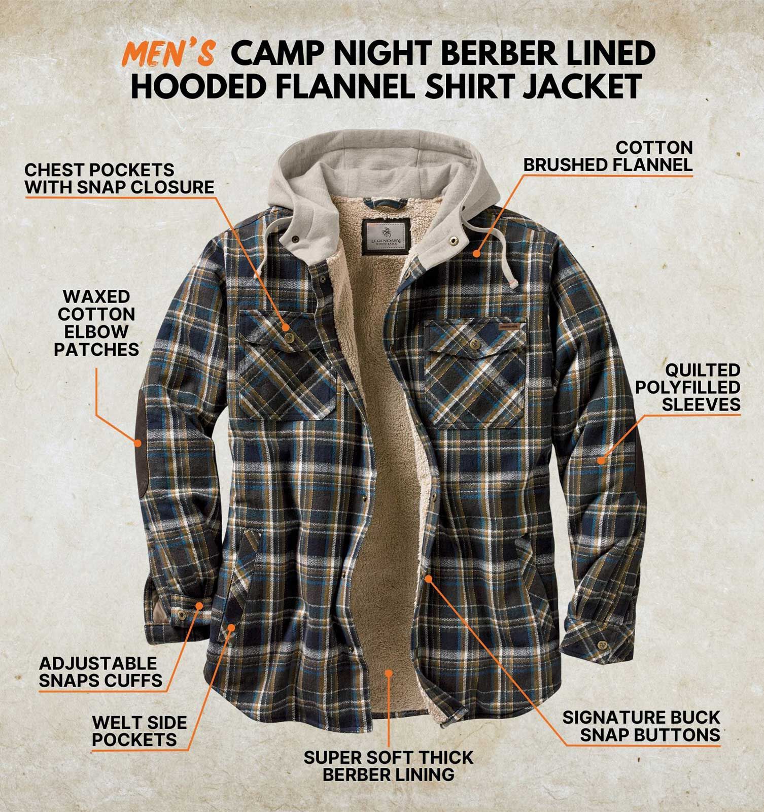 Men's Berber-Lined Hooded Flannel Shirt Jacket | Insulated Warmth