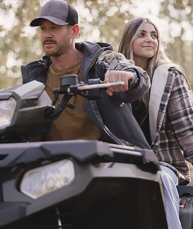 Men's Canvas Cross Trail Big Game Camo Workwear Coat and Women's Woodland Berber Shirt Jacket