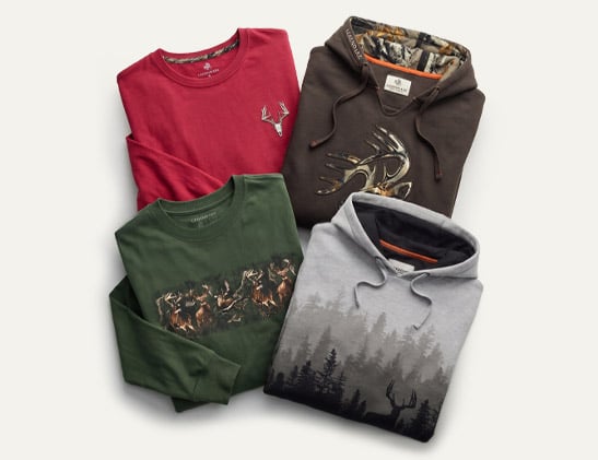 Men's Heavyweight Outfitter Camo Hoodie, Men's Legendary Non-Typical Series Long Sleeve T-Shirt, and Men's Legendary Outdoors Horizon Hooded Sweatshirt