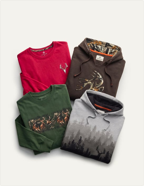 Men's Heavyweight Outfitter Camo Hoodie, Men's Legendary Non-Typical Series Long Sleeve T-Shirt, and Men's Legendary Outdoors Horizon Hooded Sweatshirt