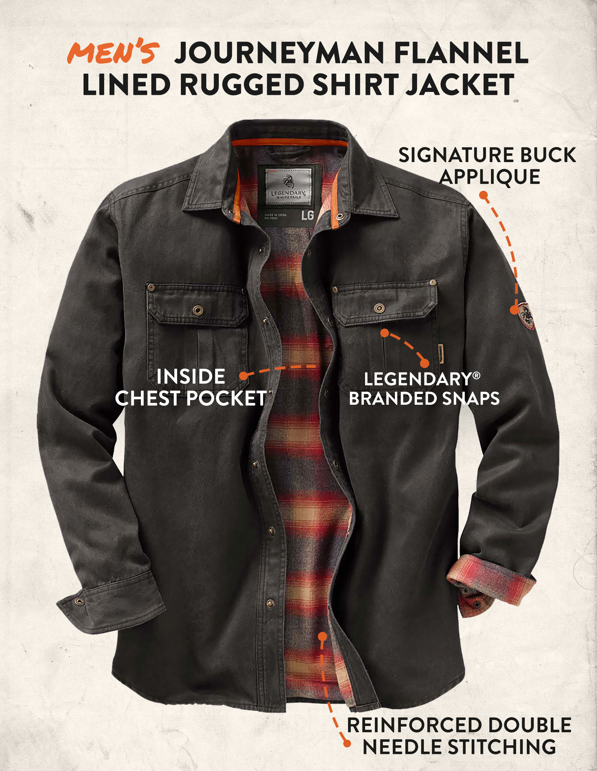 legendary whitetails men's journeyman flannel lined rugged shirt jacket