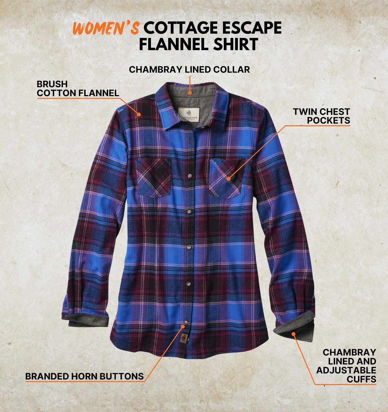 Legendary Whitetails Cottage Escape Flanellen blouse voor dames, lange mouwen, kleding in geruite of effen kleur, getailleerd, button down, S